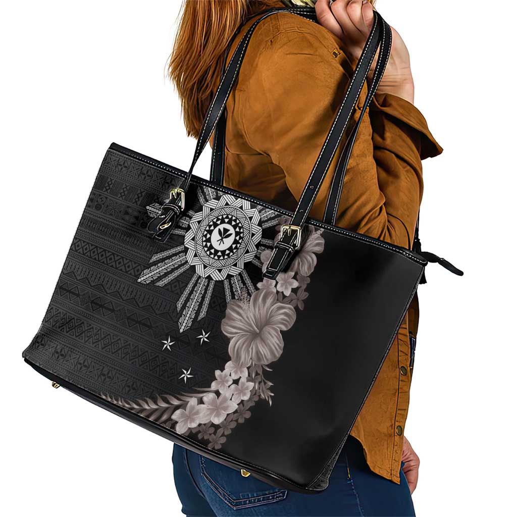 Hawaii and Philippines Together Leather Tote Bag Hibiscus Flower and Sun Badge Polynesian Pattern Grayscale LT03 - Polynesian Pride