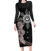 Hawaii and Philippines Together Long Sleeve Bodycon Dress Hibiscus Flower and Sun Badge Polynesian Pattern Grayscale LT03 Long Dress Black - Polynesian Pride