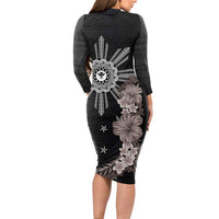 Hawaii and Philippines Together Long Sleeve Bodycon Dress Hibiscus Flower and Sun Badge Polynesian Pattern Grayscale LT03 - Polynesian Pride