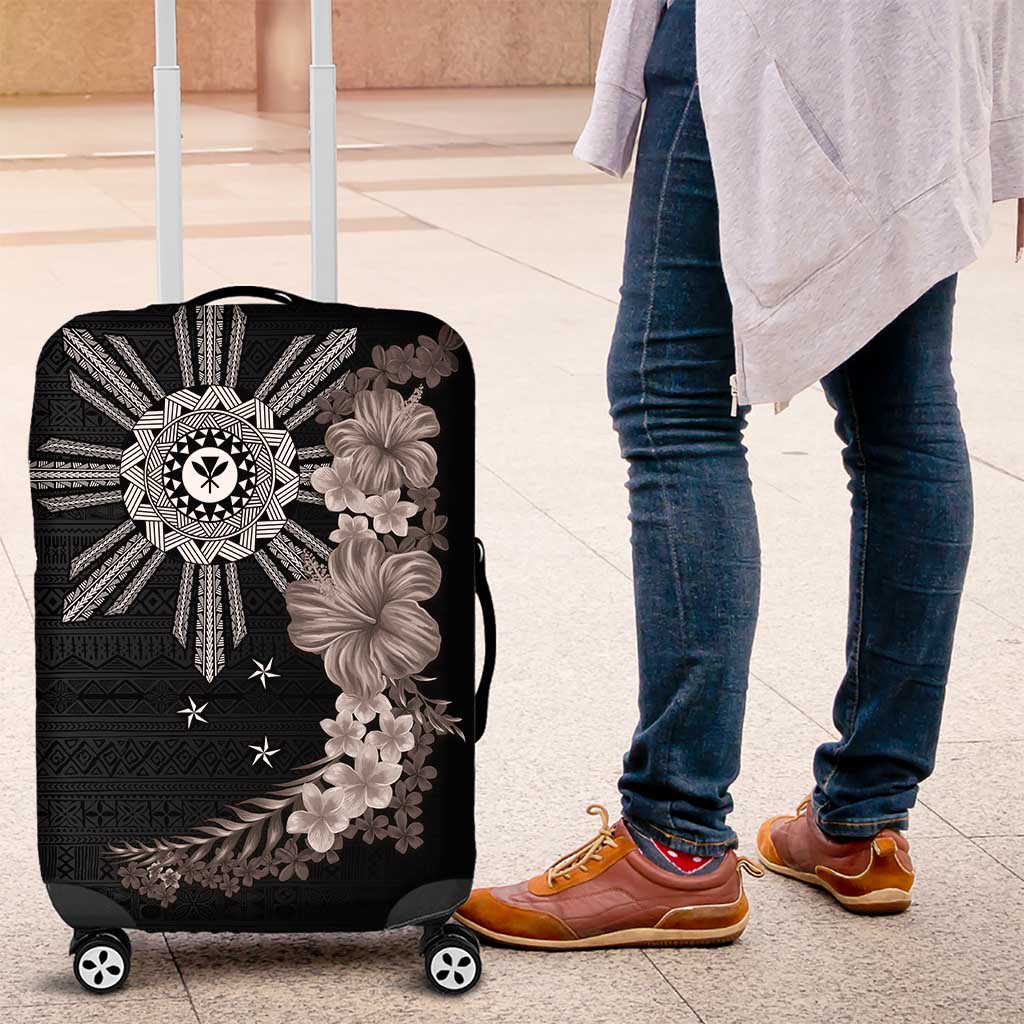 Hawaii and Philippines Together Luggage Cover Hibiscus Flower and Sun Badge Polynesian Pattern Grayscale LT03 Black - Polynesian Pride