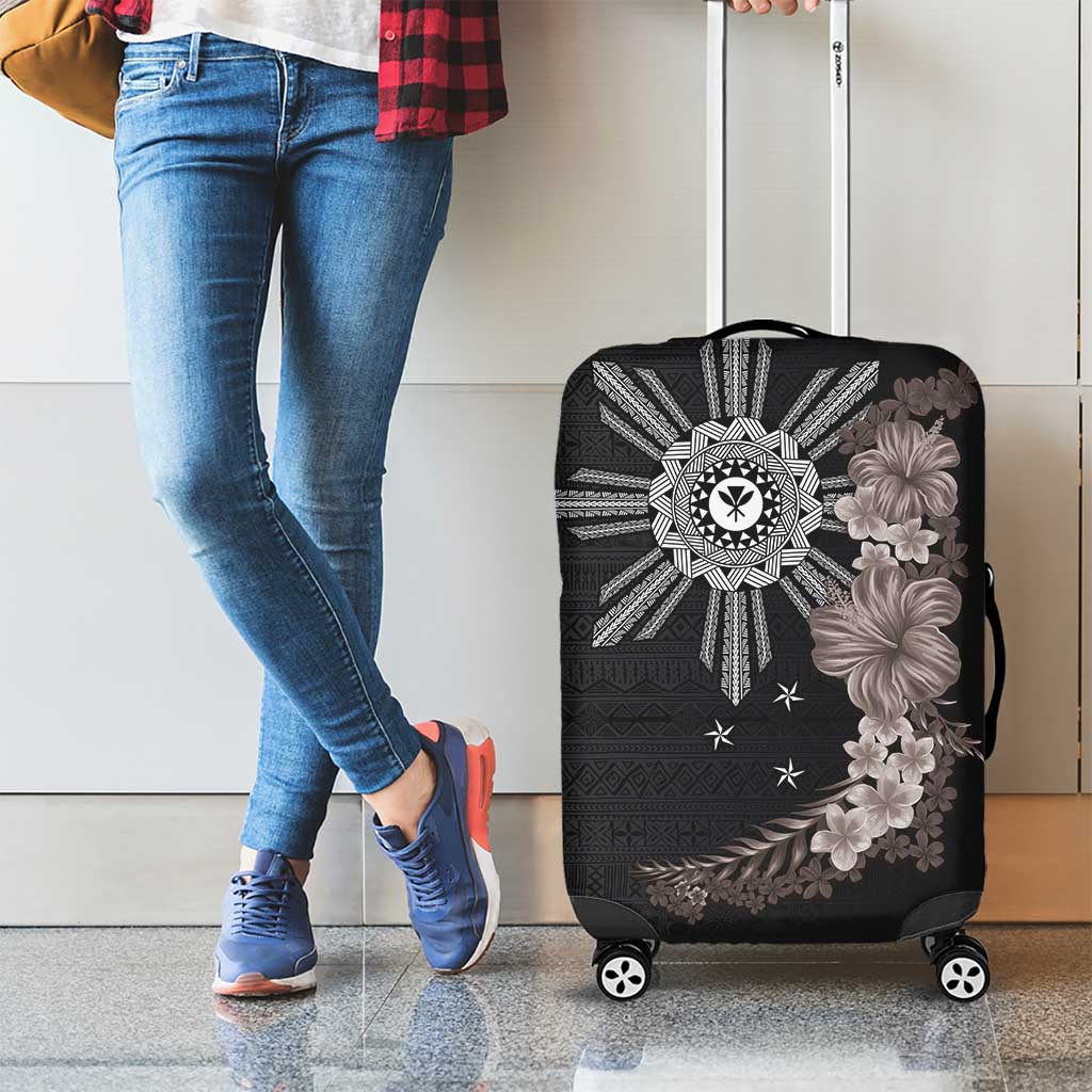 Hawaii and Philippines Together Luggage Cover Hibiscus Flower and Sun Badge Polynesian Pattern Grayscale LT03 - Polynesian Pride