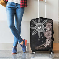 Hawaii and Philippines Together Luggage Cover Hibiscus Flower and Sun Badge Polynesian Pattern Grayscale LT03 - Polynesian Pride