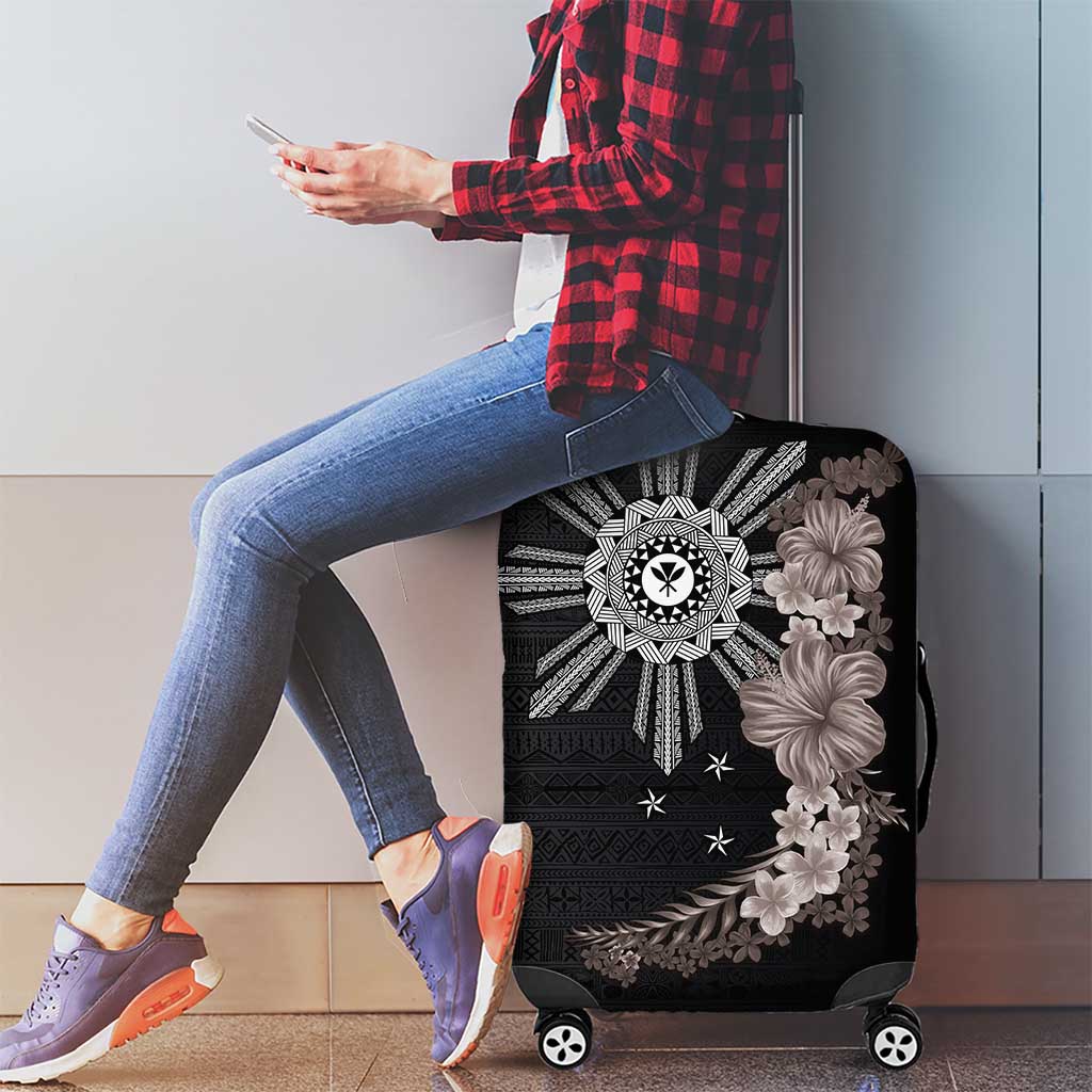 Hawaii and Philippines Together Luggage Cover Hibiscus Flower and Sun Badge Polynesian Pattern Grayscale LT03 - Polynesian Pride