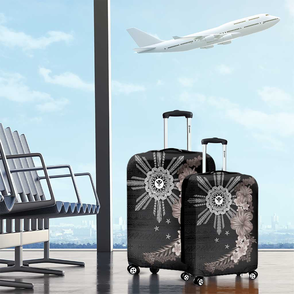 Hawaii and Philippines Together Luggage Cover Hibiscus Flower and Sun Badge Polynesian Pattern Grayscale LT03 - Polynesian Pride