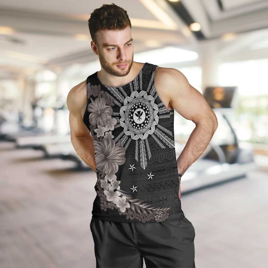 Hawaii and Philippines Together Men Tank Top Hibiscus Flower and Sun Badge Polynesian Pattern Grayscale LT03 Black - Polynesian Pride