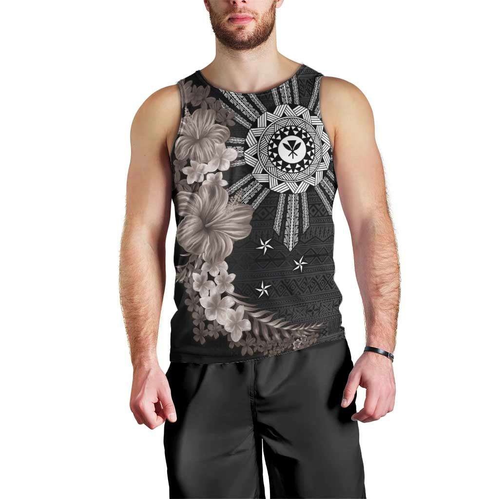 Hawaii and Philippines Together Men Tank Top Hibiscus Flower and Sun Badge Polynesian Pattern Grayscale LT03 - Polynesian Pride
