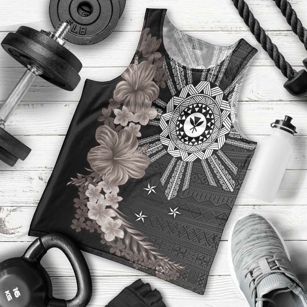 Hawaii and Philippines Together Men Tank Top Hibiscus Flower and Sun Badge Polynesian Pattern Grayscale LT03 - Polynesian Pride