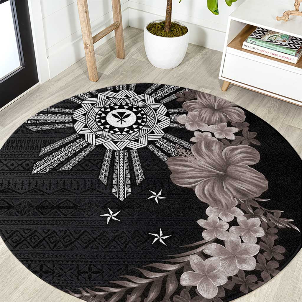 Hawaii and Philippines Together Round Carpet Hibiscus Flower and Sun Badge Polynesian Pattern Grayscale LT03 Black - Polynesian Pride