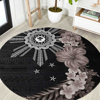 Hawaii and Philippines Together Round Carpet Hibiscus Flower and Sun Badge Polynesian Pattern Grayscale LT03 Black - Polynesian Pride