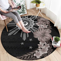 Hawaii and Philippines Together Round Carpet Hibiscus Flower and Sun Badge Polynesian Pattern Grayscale LT03 - Polynesian Pride