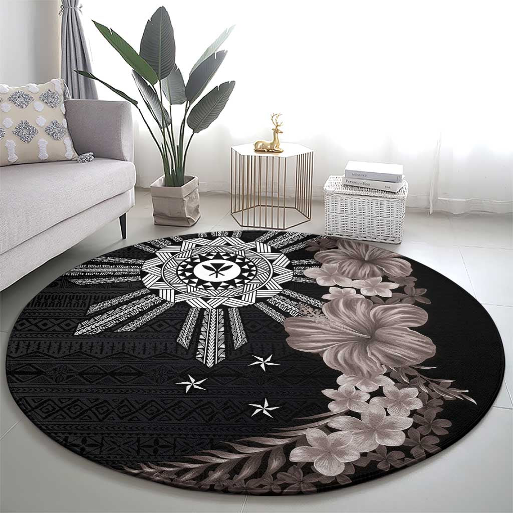 Hawaii and Philippines Together Round Carpet Hibiscus Flower and Sun Badge Polynesian Pattern Grayscale LT03 - Polynesian Pride