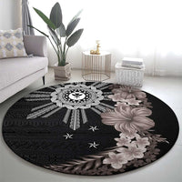 Hawaii and Philippines Together Round Carpet Hibiscus Flower and Sun Badge Polynesian Pattern Grayscale LT03 - Polynesian Pride