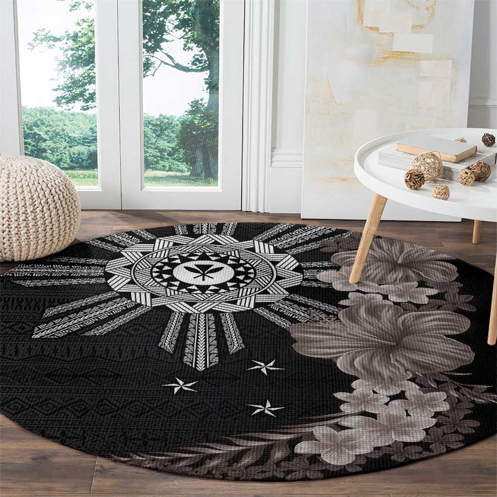 Hawaii and Philippines Together Round Carpet Hibiscus Flower and Sun Badge Polynesian Pattern Grayscale LT03 - Polynesian Pride