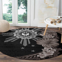 Hawaii and Philippines Together Round Carpet Hibiscus Flower and Sun Badge Polynesian Pattern Grayscale LT03 - Polynesian Pride