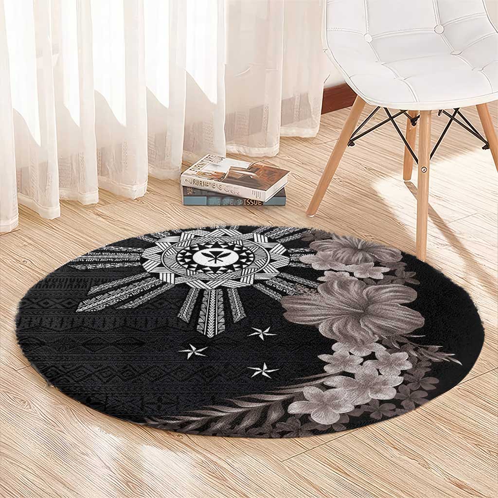 Hawaii and Philippines Together Round Carpet Hibiscus Flower and Sun Badge Polynesian Pattern Grayscale LT03 - Polynesian Pride