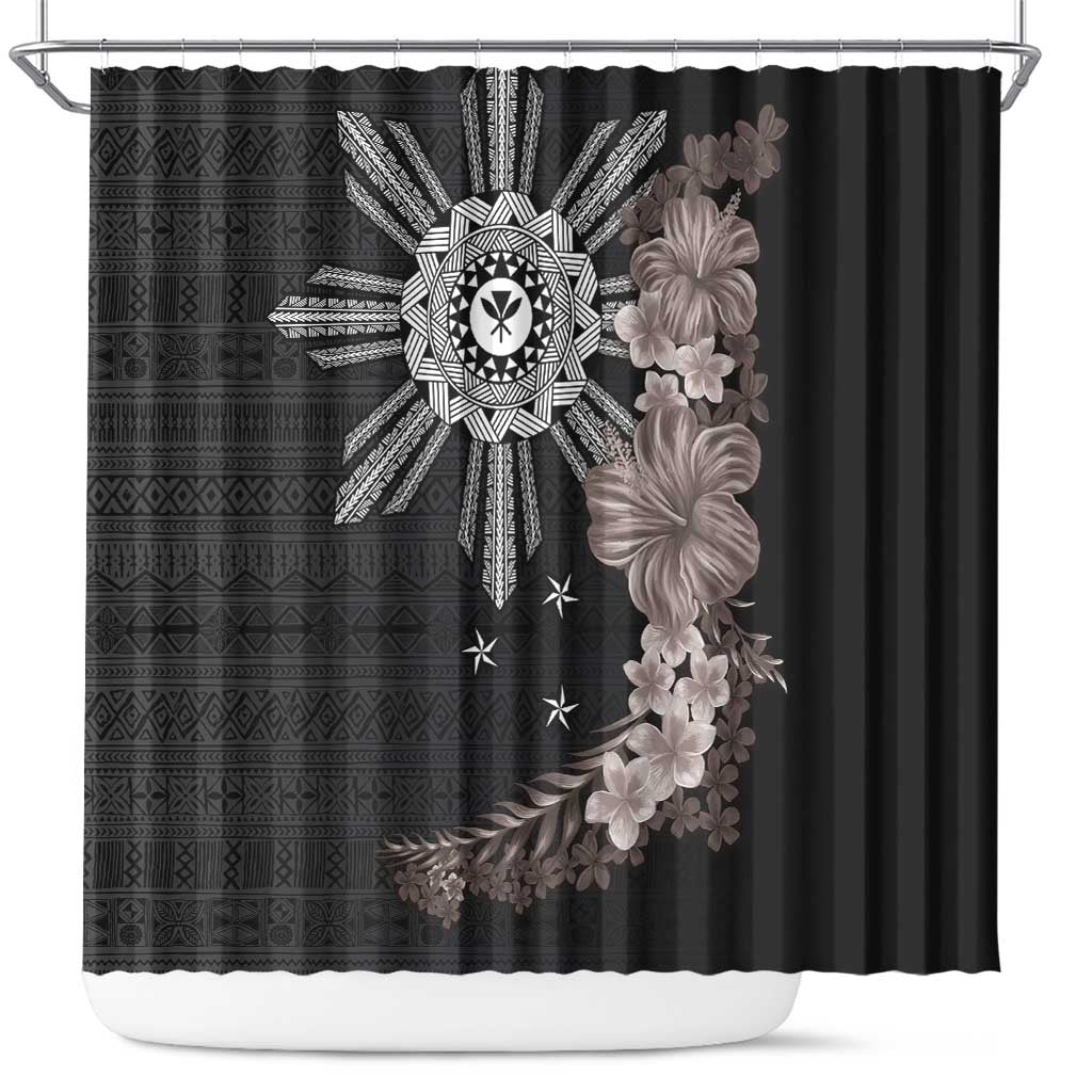 Hawaii and Philippines Together Shower Curtain Hibiscus Flower and Sun Badge Polynesian Pattern Grayscale