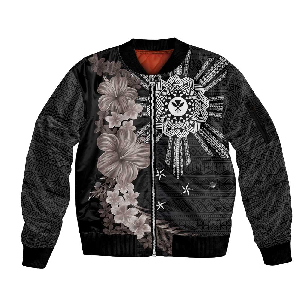 Hawaii and Philippines Together Sleeve Zip Bomber Jacket Hibiscus Flower and Sun Badge Polynesian Pattern Grayscale LT03 Unisex Black - Polynesian Pride