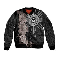 Hawaii and Philippines Together Sleeve Zip Bomber Jacket Hibiscus Flower and Sun Badge Polynesian Pattern Grayscale LT03 Unisex Black - Polynesian Pride