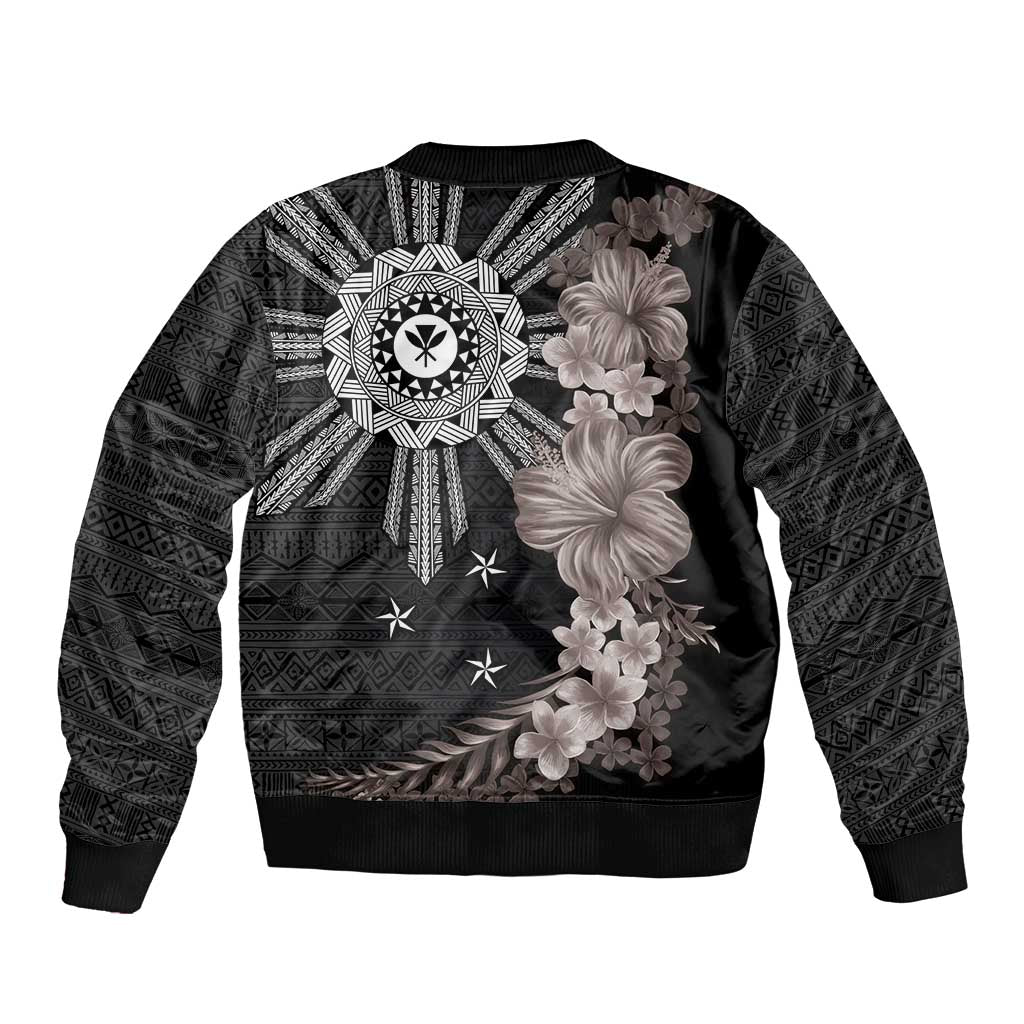 Hawaii and Philippines Together Sleeve Zip Bomber Jacket Hibiscus Flower and Sun Badge Polynesian Pattern Grayscale LT03 - Polynesian Pride