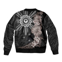 Hawaii and Philippines Together Sleeve Zip Bomber Jacket Hibiscus Flower and Sun Badge Polynesian Pattern Grayscale LT03 - Polynesian Pride