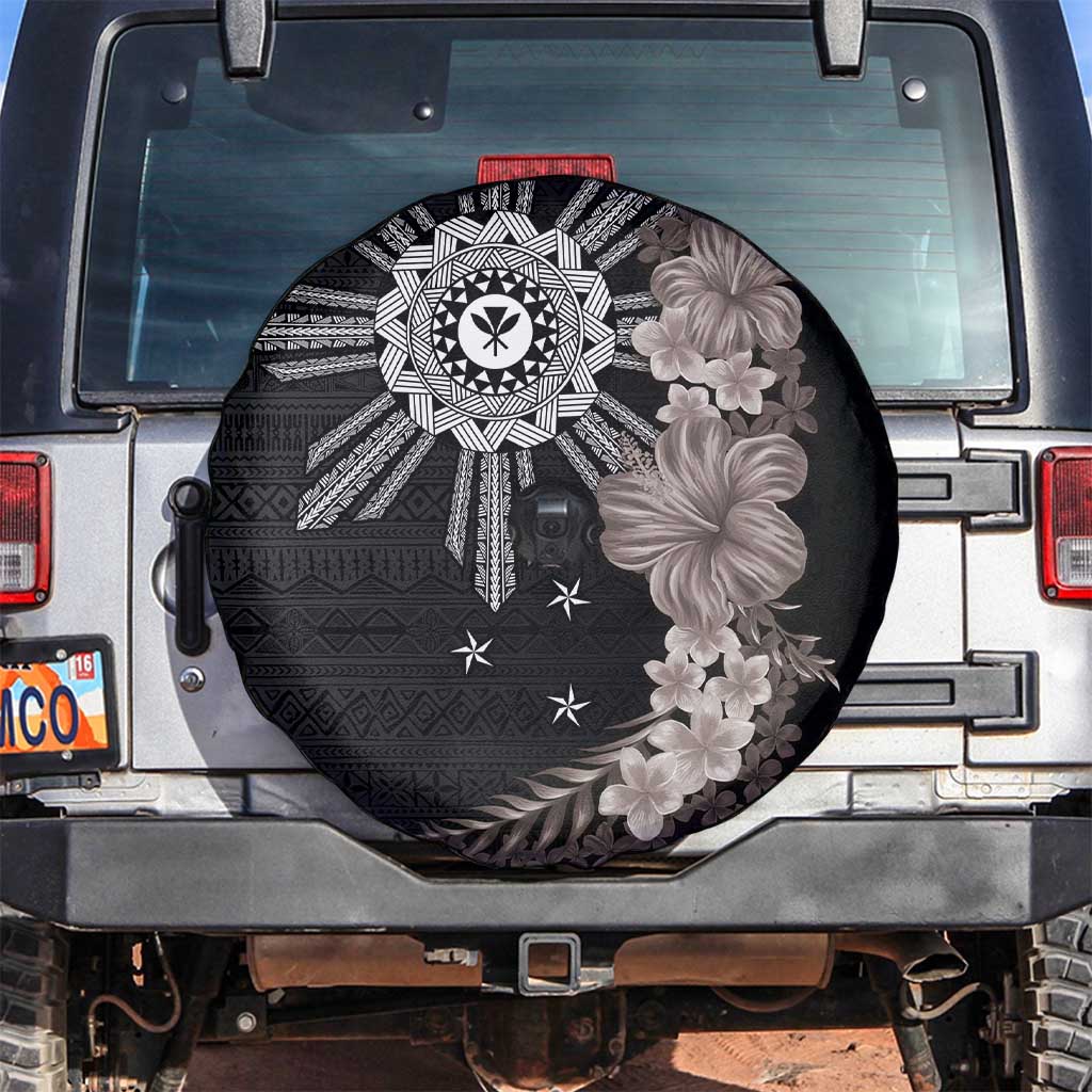 Hawaii and Philippines Together Spare Tire Cover Hibiscus Flower and Sun Badge Polynesian Pattern Grayscale LT03 Black - Polynesian Pride