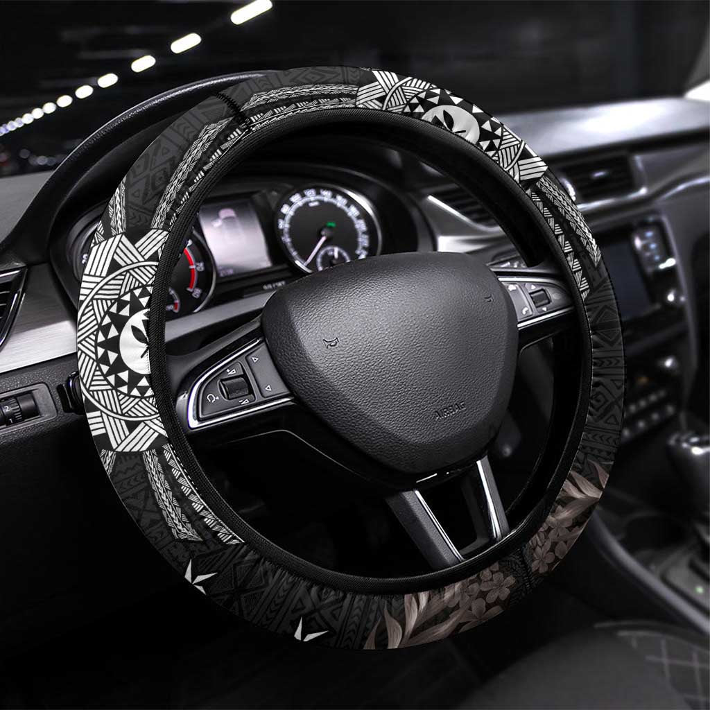 Hawaii and Philippines Together Steering Wheel Cover Hibiscus Flower and Sun Badge Polynesian Pattern Grayscale LT03 Universal Fit Black - Polynesian Pride