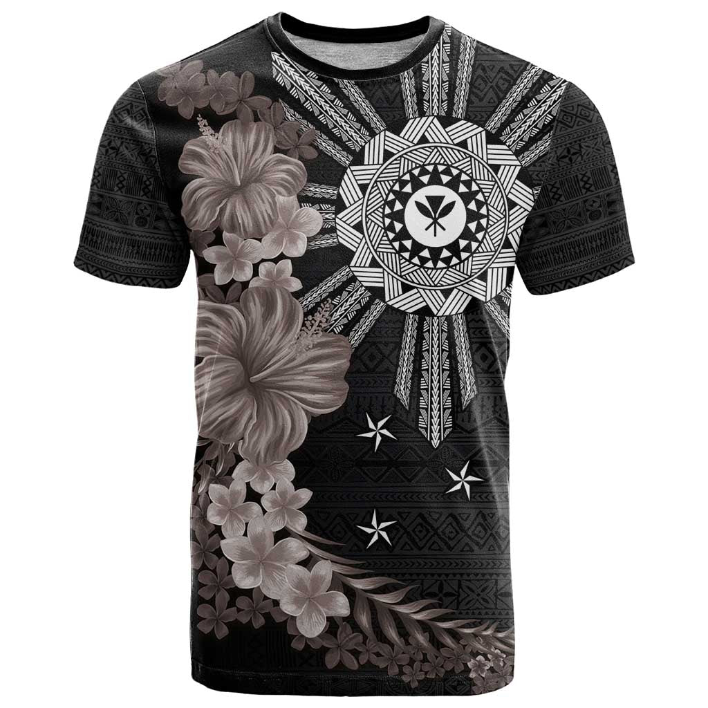 Hawaii and Philippines Together T Shirt Hibiscus Flower and Sun Badge Polynesian Pattern Grayscale LT03 Black - Polynesian Pride