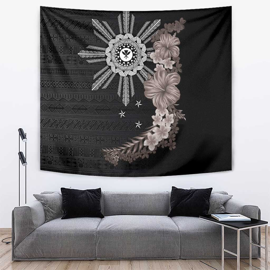Hawaii and Philippines Together Tapestry Hibiscus Flower and Sun Badge Polynesian Pattern Grayscale LT03 Black - Polynesian Pride