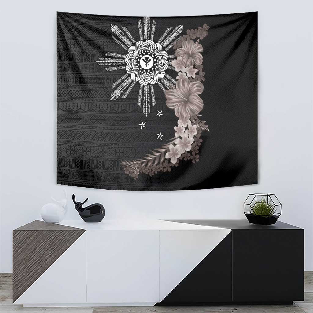 Hawaii and Philippines Together Tapestry Hibiscus Flower and Sun Badge Polynesian Pattern Grayscale LT03 - Polynesian Pride