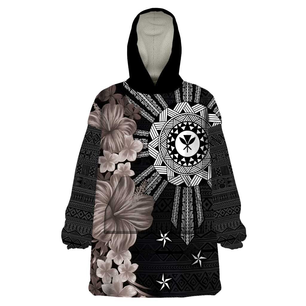 Hawaii and Philippines Together Wearable Blanket Hoodie Hibiscus Flower and Sun Badge Polynesian Pattern Grayscale LT03 One Size Black - Polynesian Pride
