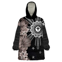 Hawaii and Philippines Together Wearable Blanket Hoodie Hibiscus Flower and Sun Badge Polynesian Pattern Grayscale LT03 One Size Black - Polynesian Pride