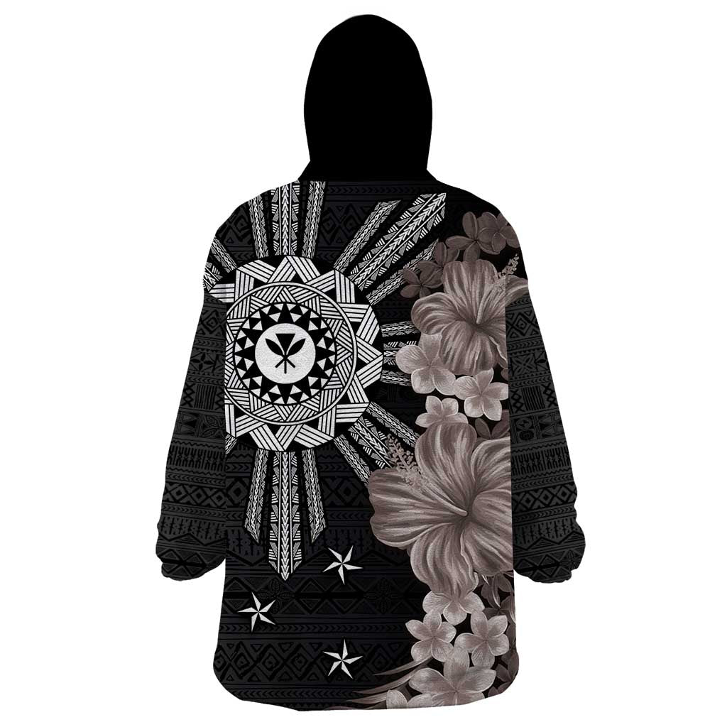 Hawaii and Philippines Together Wearable Blanket Hoodie Hibiscus Flower and Sun Badge Polynesian Pattern Grayscale LT03 - Polynesian Pride
