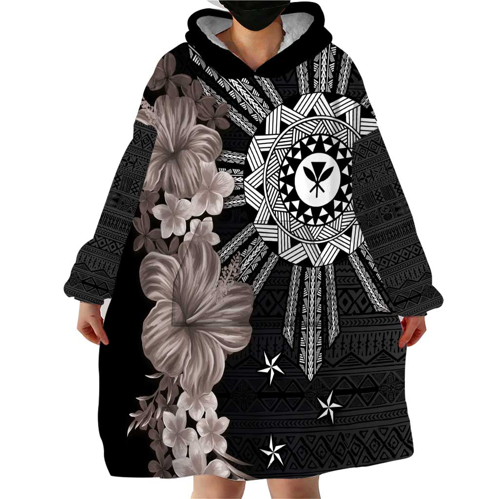 Hawaii and Philippines Together Wearable Blanket Hoodie Hibiscus Flower and Sun Badge Polynesian Pattern Grayscale LT03 - Polynesian Pride