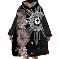 Hawaii and Philippines Together Wearable Blanket Hoodie Hibiscus Flower and Sun Badge Polynesian Pattern Grayscale LT03 - Polynesian Pride