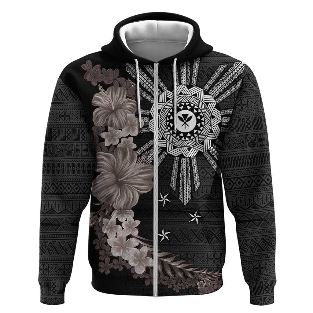 Hawaii and Philippines Together Zip Hoodie Hibiscus Flower and Sun Badge Polynesian Pattern Grayscale