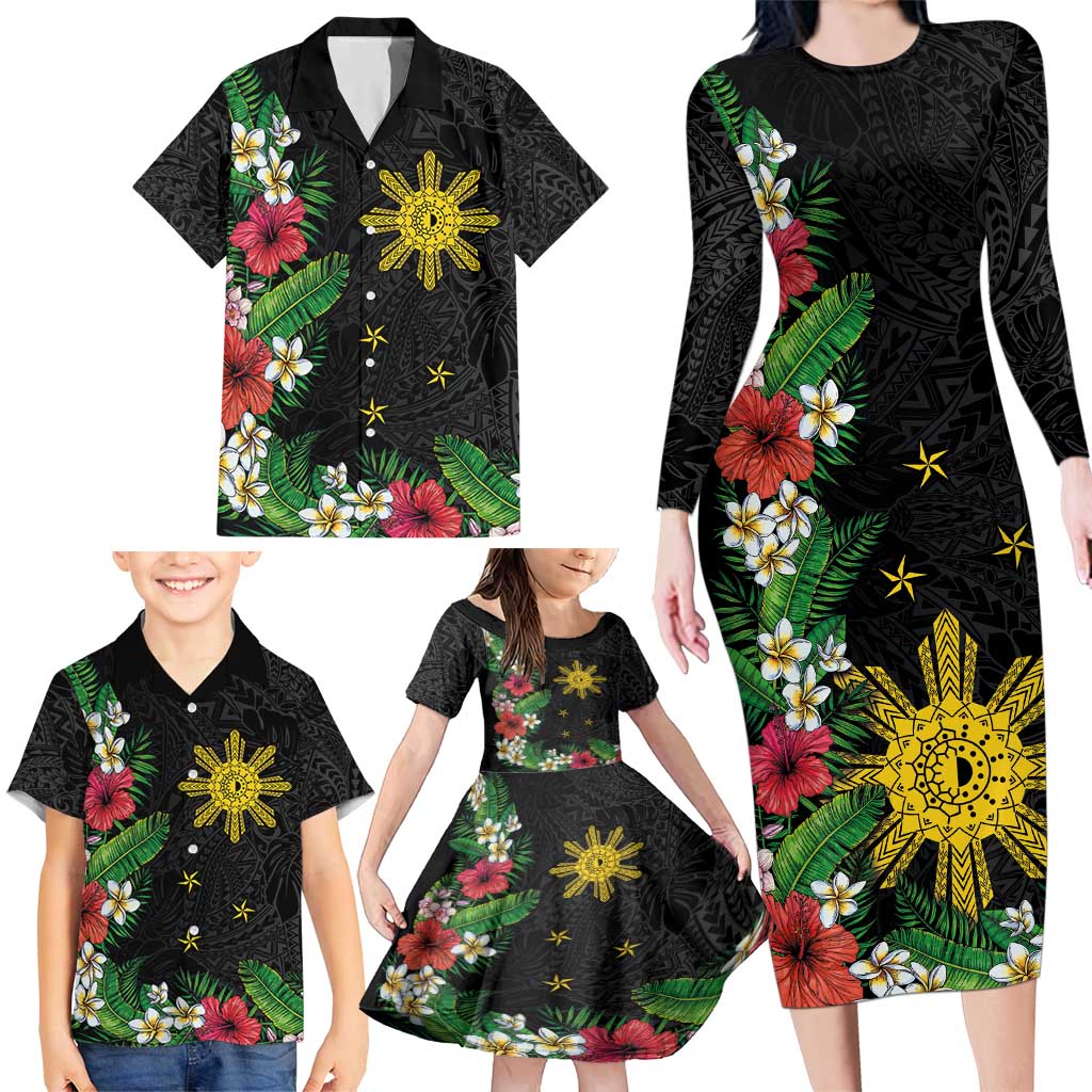 Tropical Hawaii and Philippines Family Matching Long Sleeve Bodycon Dress and Hawaiian Shirt Kanaka Maoli and Sun Badge Batok Tattoo Colorful