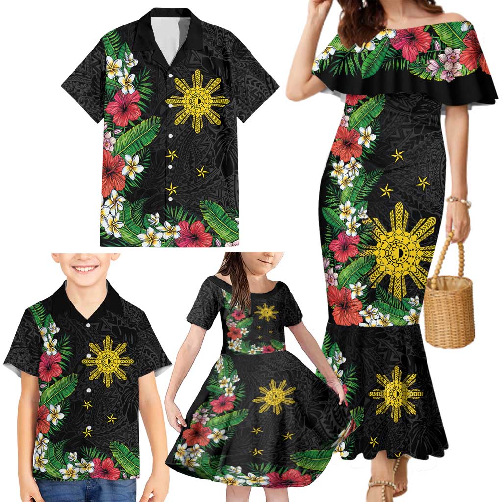 Tropical Hawaii and Philippines Family Matching Mermaid Dress and Hawaiian Shirt Kanaka Maoli and Sun Badge Batok Tattoo Colorful