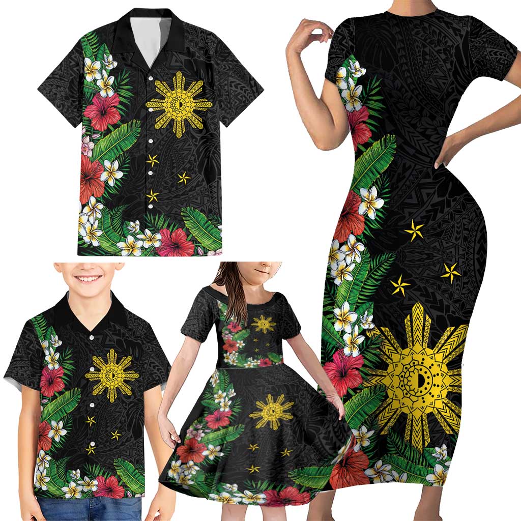 Tropical Hawaii and Philippines Family Matching Short Sleeve Bodycon Dress and Hawaiian Shirt Kanaka Maoli and Sun Badge Batok Tattoo Colorful