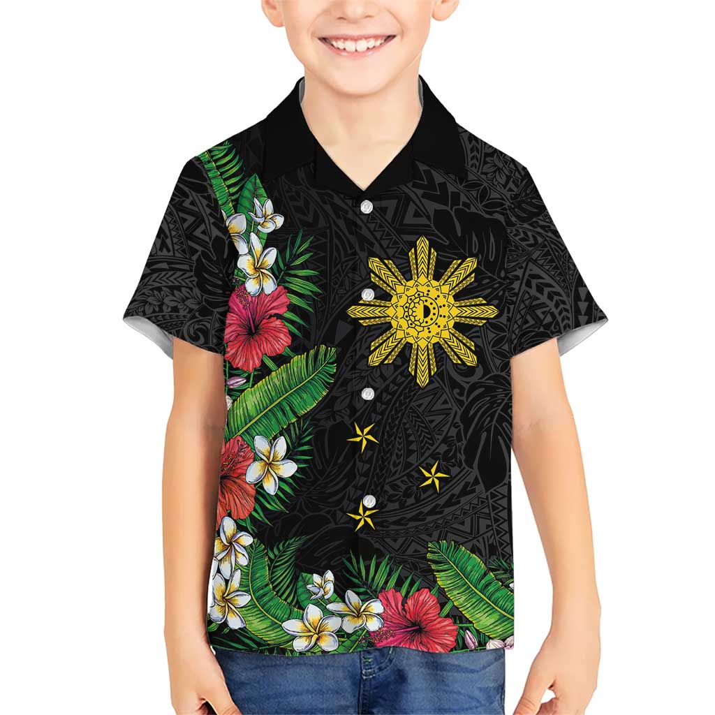Tropical Hawaii and Philippines Kid Hawaiian Shirt Kanaka Maoli and Sun Badge Batok Tattoo Colorful LT03 Kid Black - Polynesian Pride