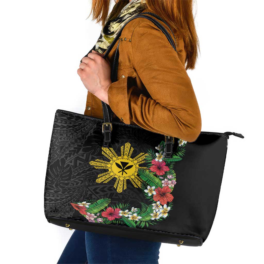 Tropical Hawaii and Philippines Leather Tote Bag Kanaka Maoli and Sun Badge Batok Tattoo Colorful LT03 Black - Polynesian Pride