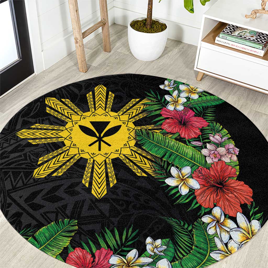 Tropical Hawaii and Philippines Round Carpet Kanaka Maoli and Sun Badge Batok Tattoo Colorful LT03 Black - Polynesian Pride