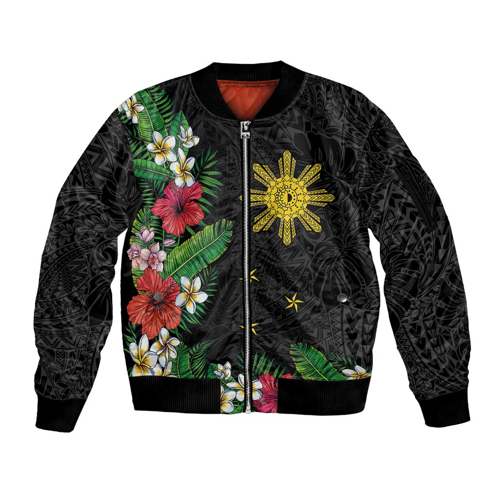 Tropical Hawaii and Philippines Sleeve Zip Bomber Jacket Kanaka Maoli and Sun Badge Batok Tattoo Colorful LT03 Unisex Black - Polynesian Pride