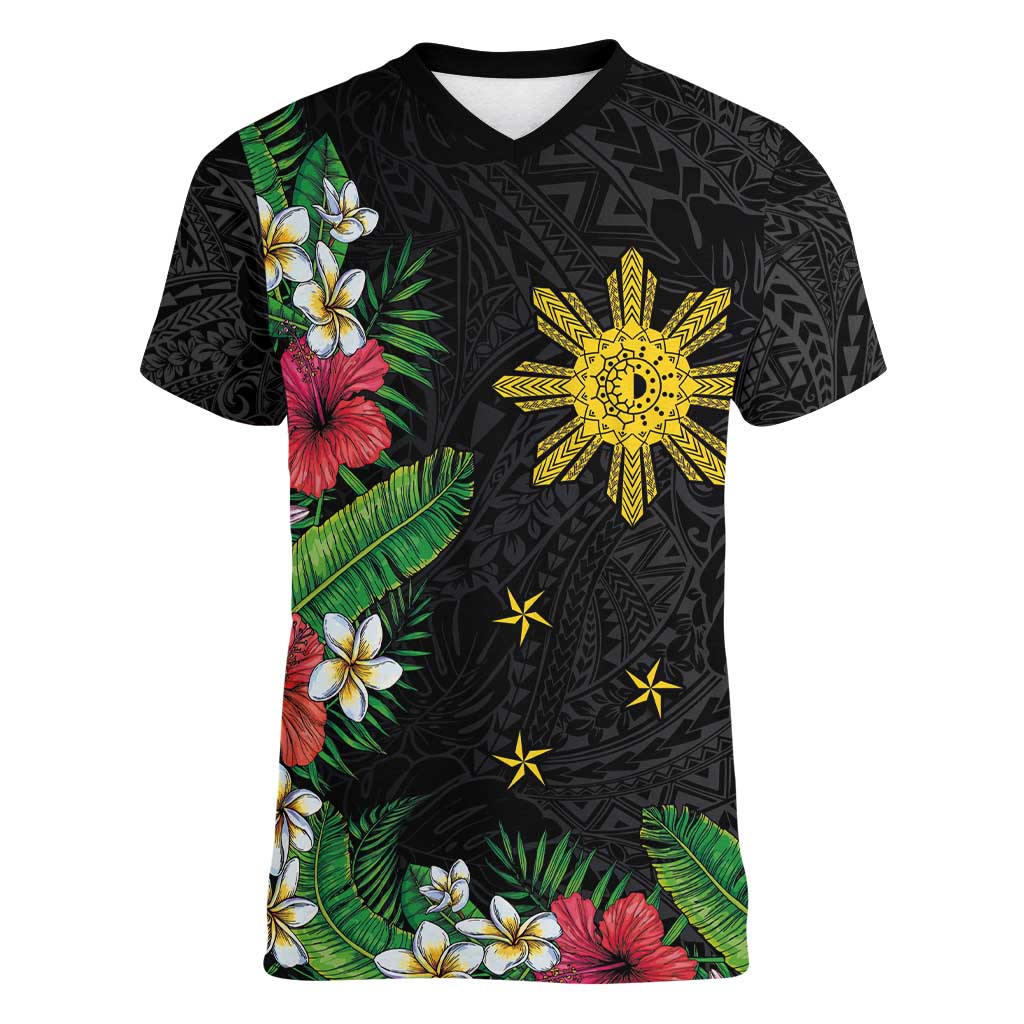 Tropical Hawaii and Philippines Women V-Neck T-Shirt Kanaka Maoli and Sun Badge Batok Tattoo Colorful