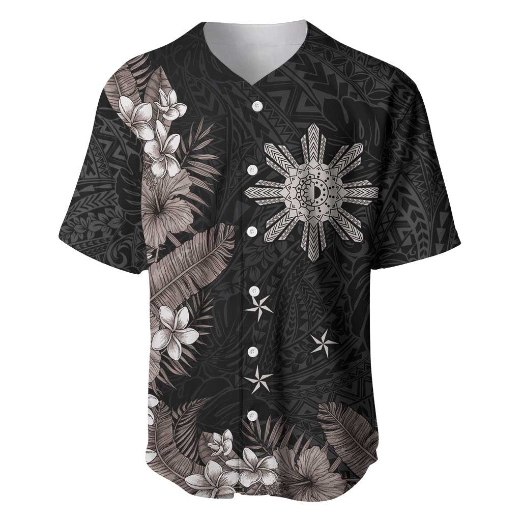 Tropical Hawaii and Philippines Baseball Jersey Kanaka Maoli and Sun Badge Batok Tattoo Grayscale LT03 Black - Polynesian Pride