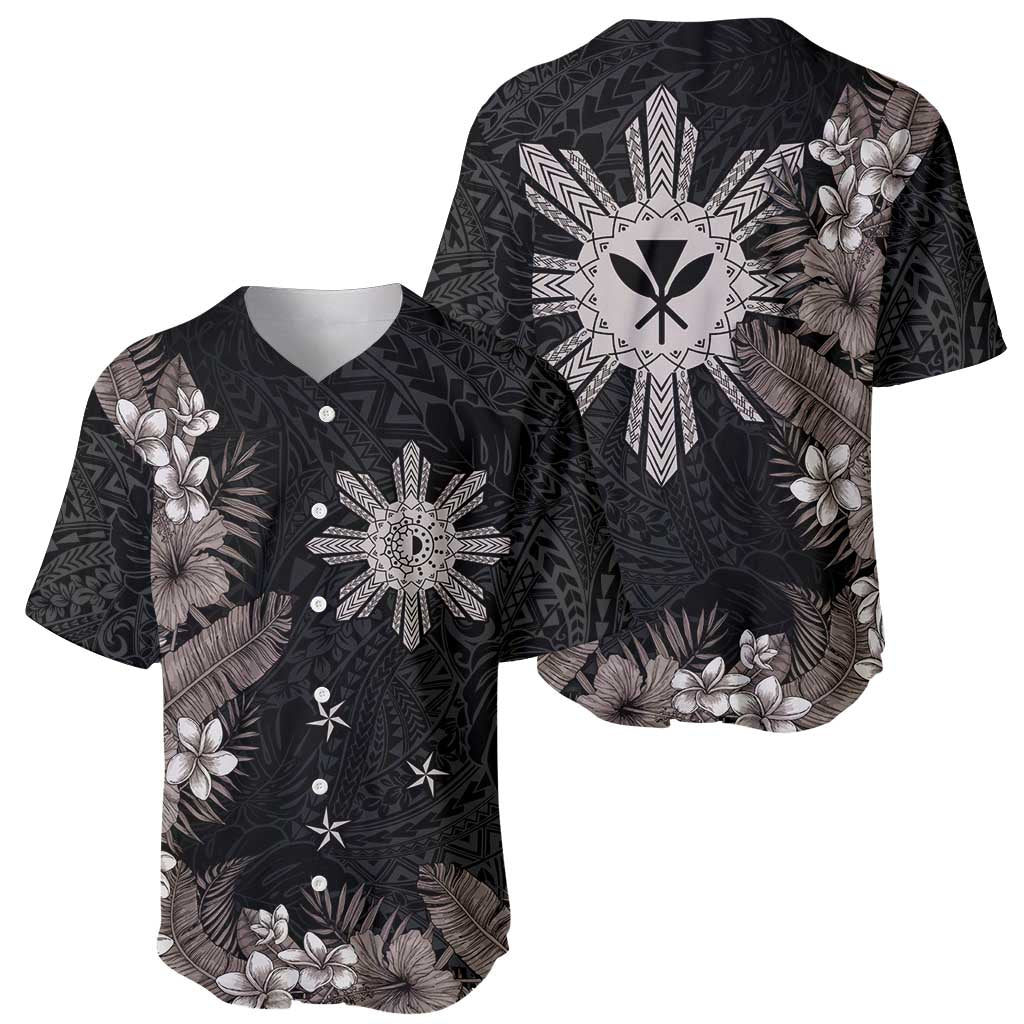 Tropical Hawaii and Philippines Baseball Jersey Kanaka Maoli and Sun Badge Batok Tattoo Grayscale LT03 - Polynesian Pride