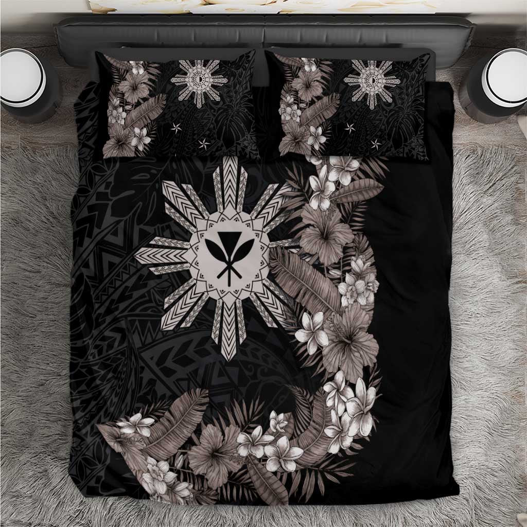 Tropical Hawaii and Philippines Bedding Set Kanaka Maoli and Sun Badge Batok Tattoo Grayscale