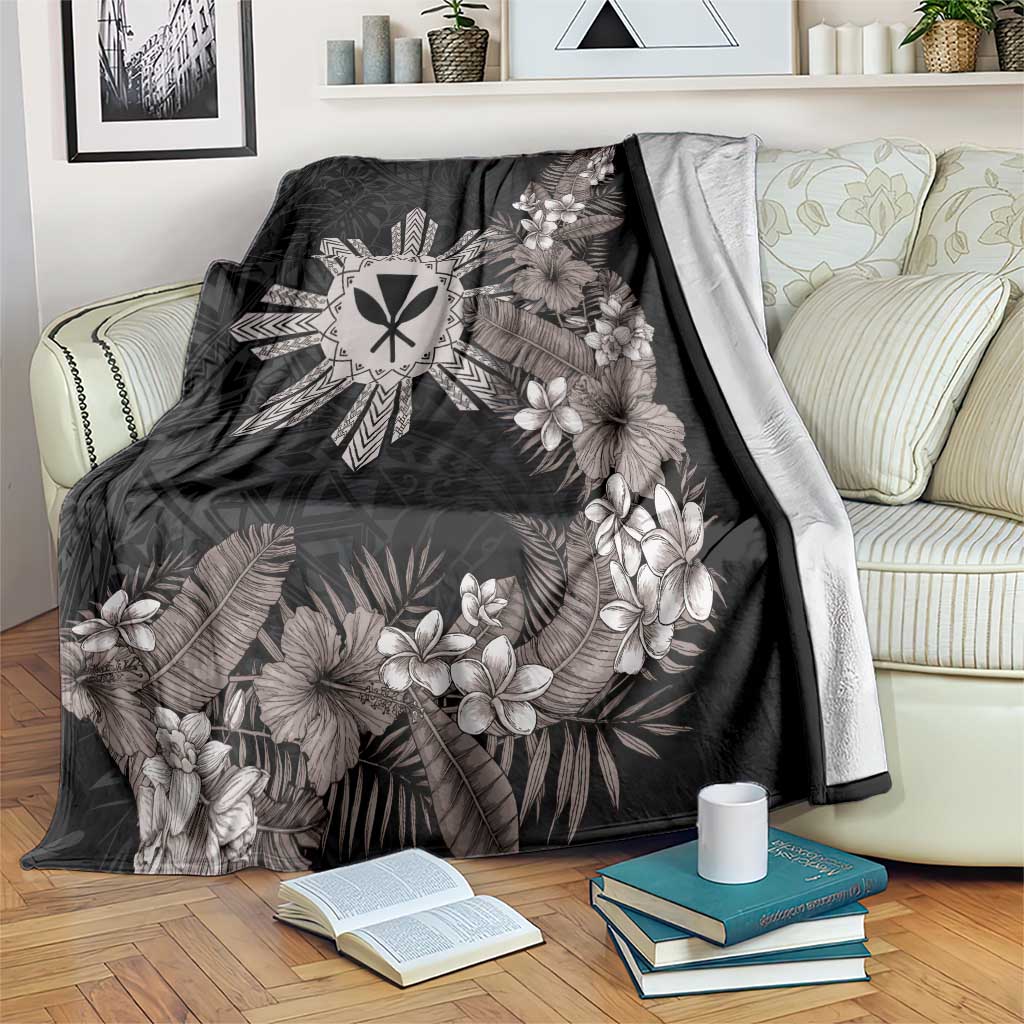 Tropical Hawaii and Philippines Blanket Kanaka Maoli and Sun Badge Batok Tattoo Grayscale LT03 Black - Polynesian Pride