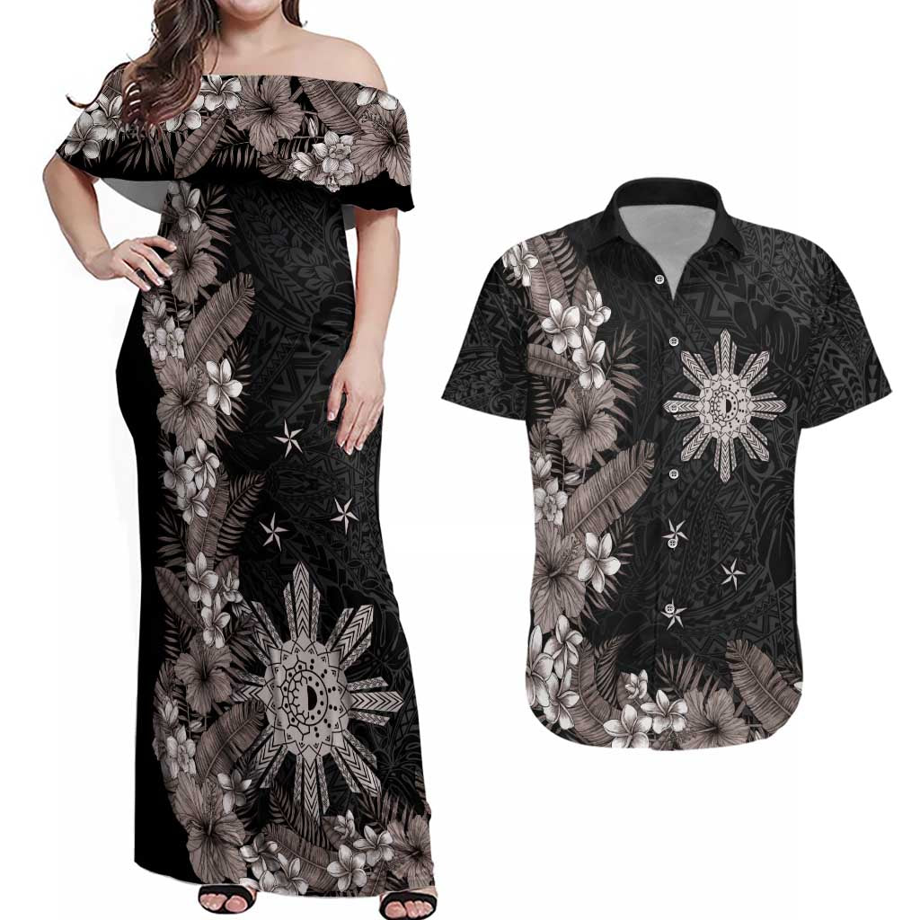 Tropical Hawaii and Philippines Couples Matching Off Shoulder Maxi Dress and Hawaiian Shirt Kanaka Maoli and Sun Badge Batok Tattoo Grayscale