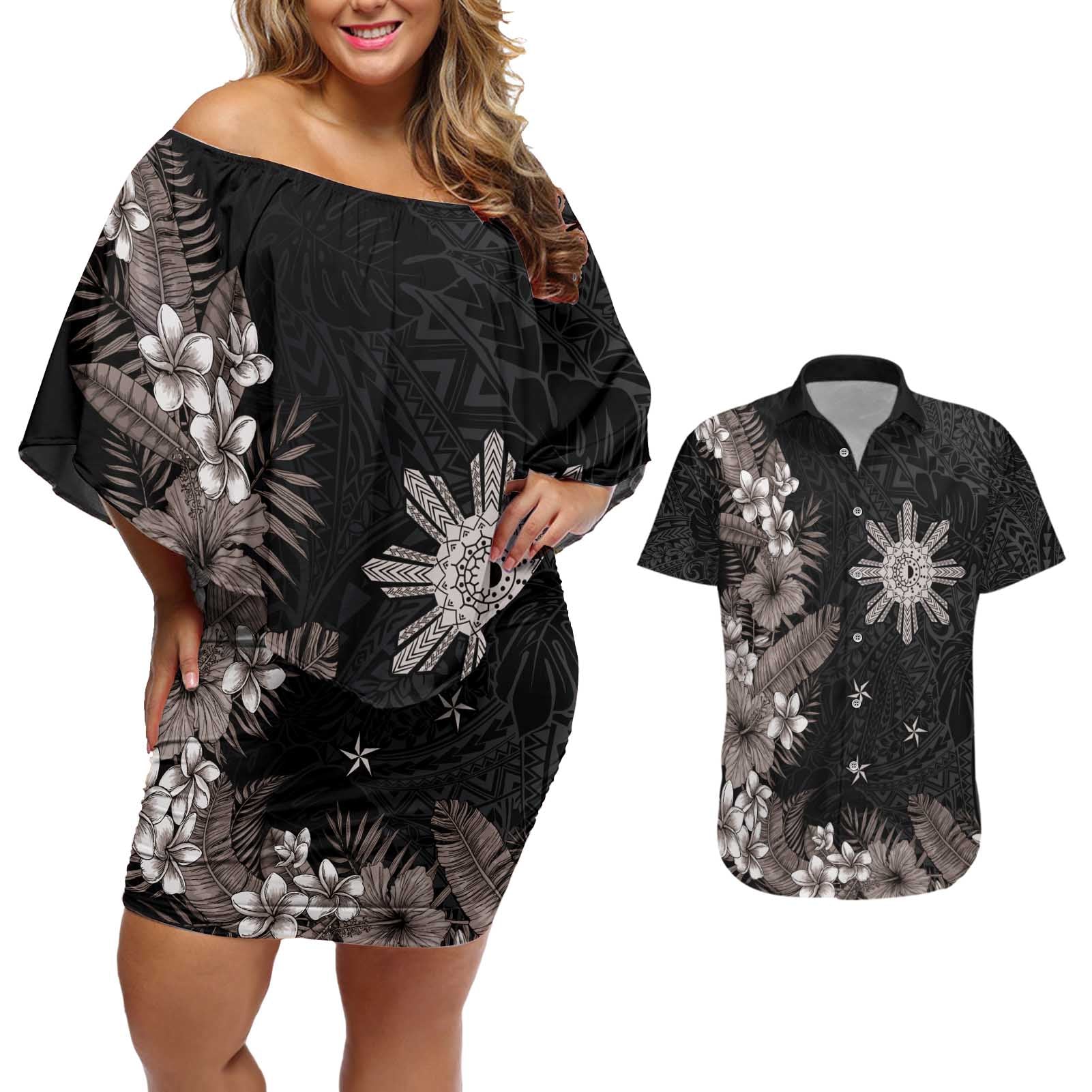 Tropical Hawaii and Philippines Couples Matching Off Shoulder Short Dress and Hawaiian Shirt Kanaka Maoli and Sun Badge Batok Tattoo Grayscale