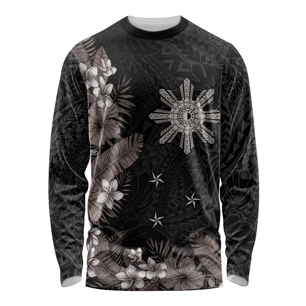 Tropical Hawaii and Philippines Long Sleeve Shirt Kanaka Maoli and Sun Badge Batok Tattoo Grayscale LT03 Unisex Black - Polynesian Pride